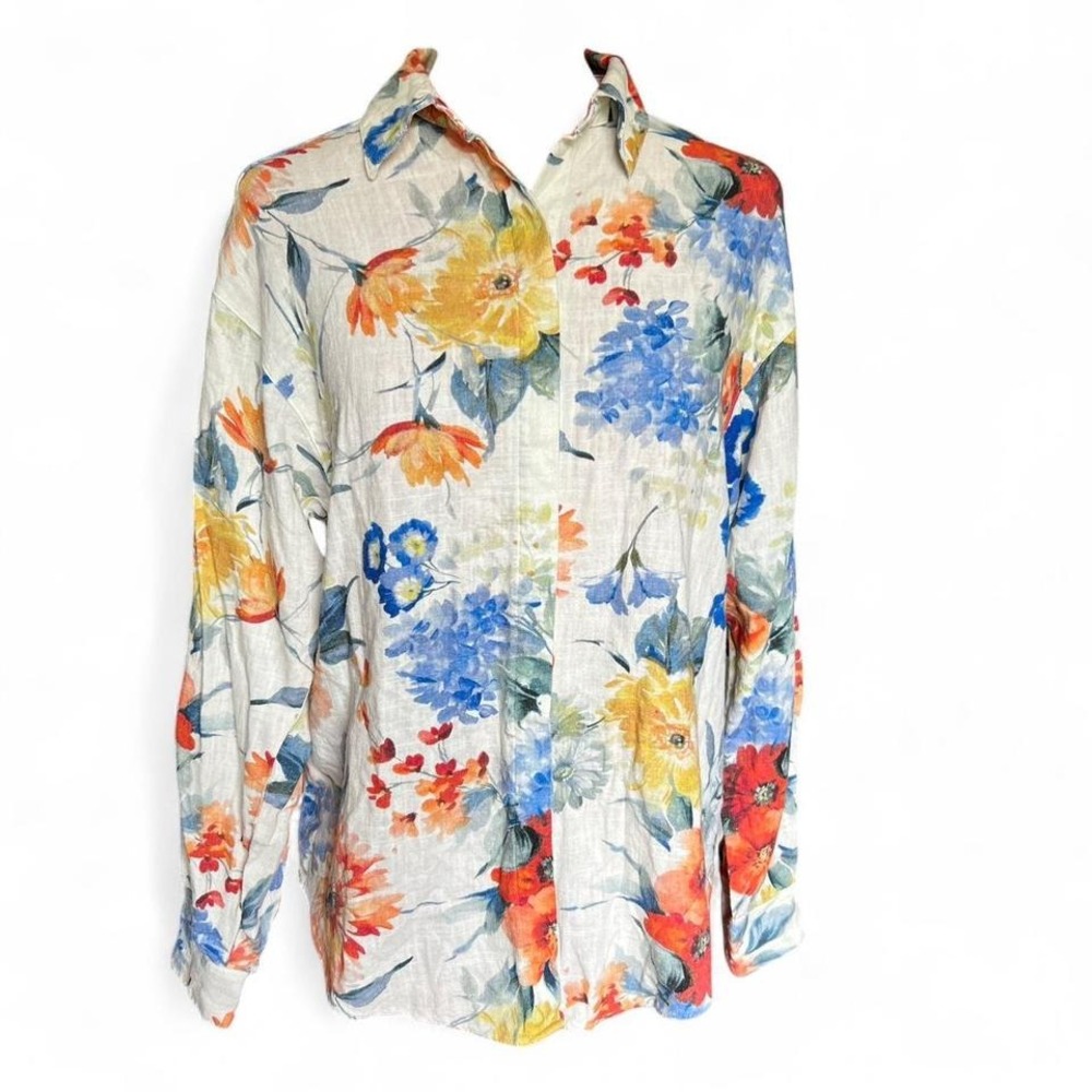 Express Boyfriend Portofino Watercolor Floral Linen Button Down Shirt XS